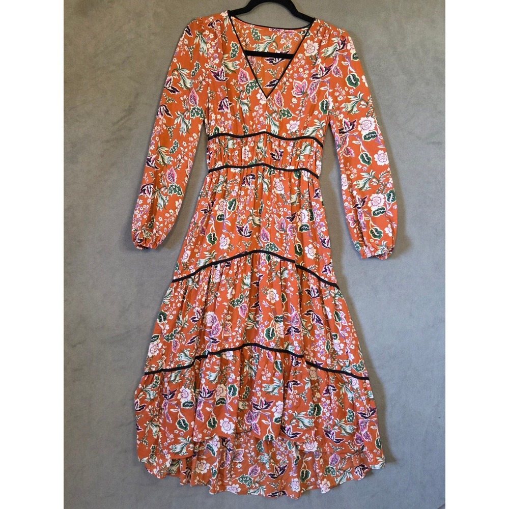 Floral Hi-Low Tiered Maxi Dress Women's Small Boho Cottage Peasant Prairie